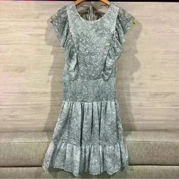 Michael Kors Dresses & Skirts - Michael Kors Blue Golden Paisley Mini Dress Ruffle Sleeves Stretchy Waist XS